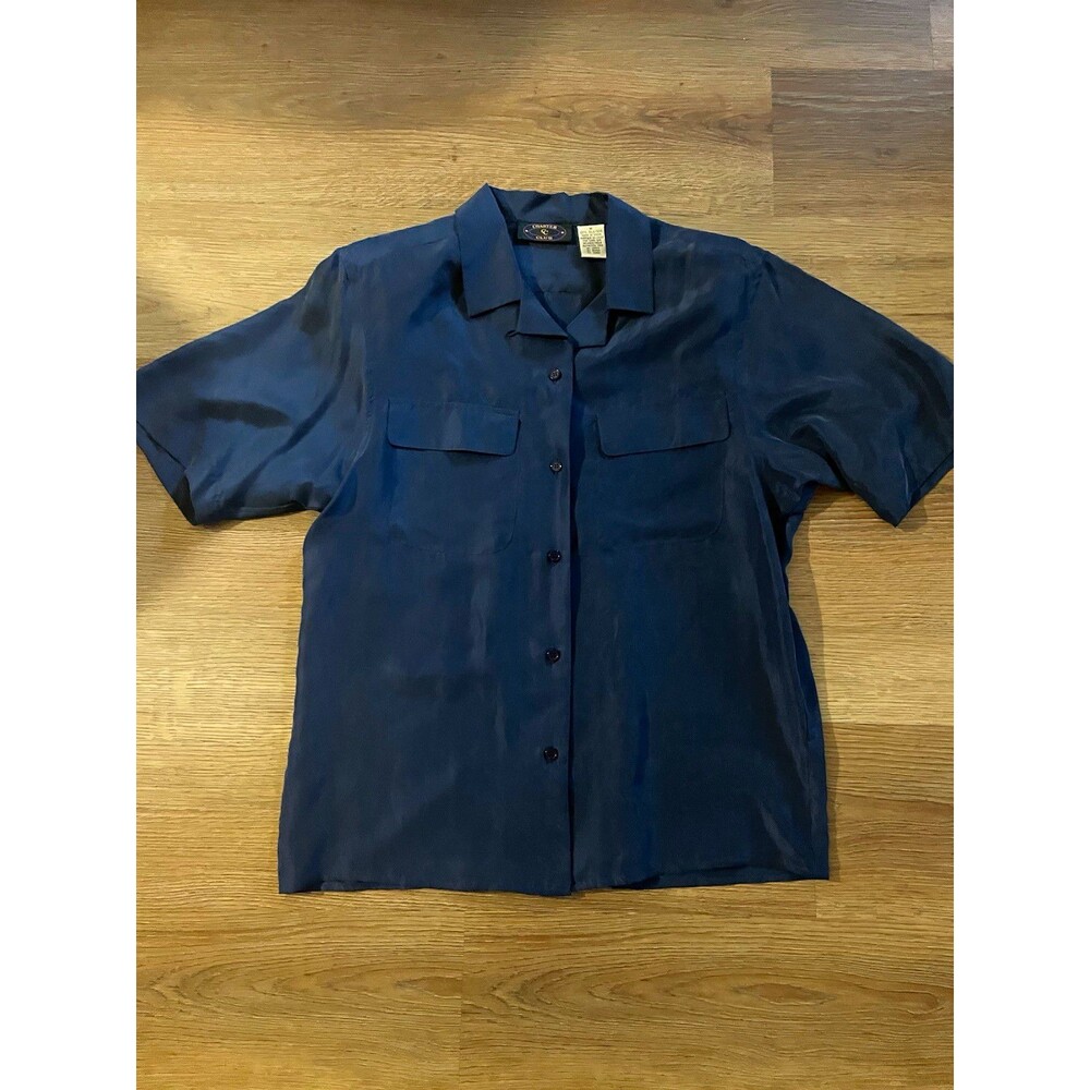 Vintage Charter Club Silk Shirt Short Sleeve Button Up Navy Blue Pocket